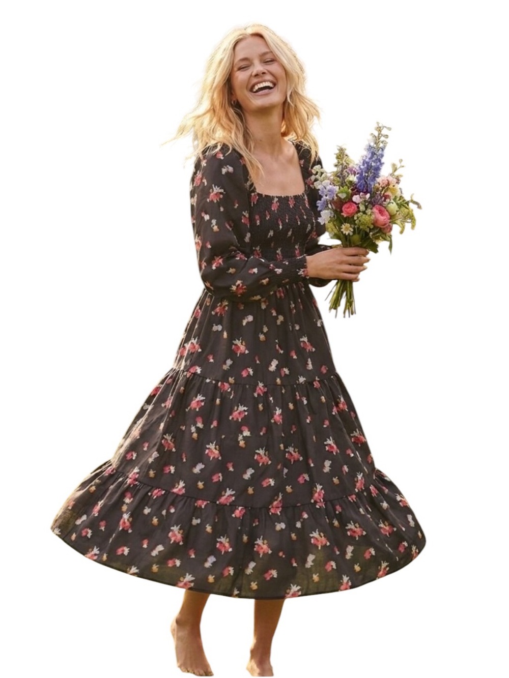 Hill House The Naomi Nap Dress in Black Ikat Floral Smocked Square-Neck Dress